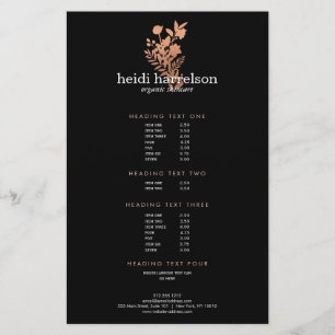 Prospectus 14 Cm X 21,6 Cm Liste de prix du Salon Noir avec Logo Floral Or Ro