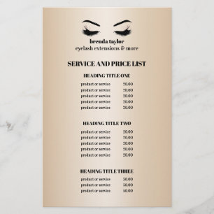 Prospectus 14 Cm X 21,6 Cm Liste de services de salon de cils en faux or glam