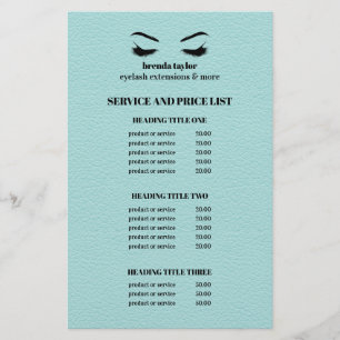 PROSPECTUS 14 CM X 21,6 CM LISTE DE SERVICES DU SALON DE CILS AQUA CUIR GLAM