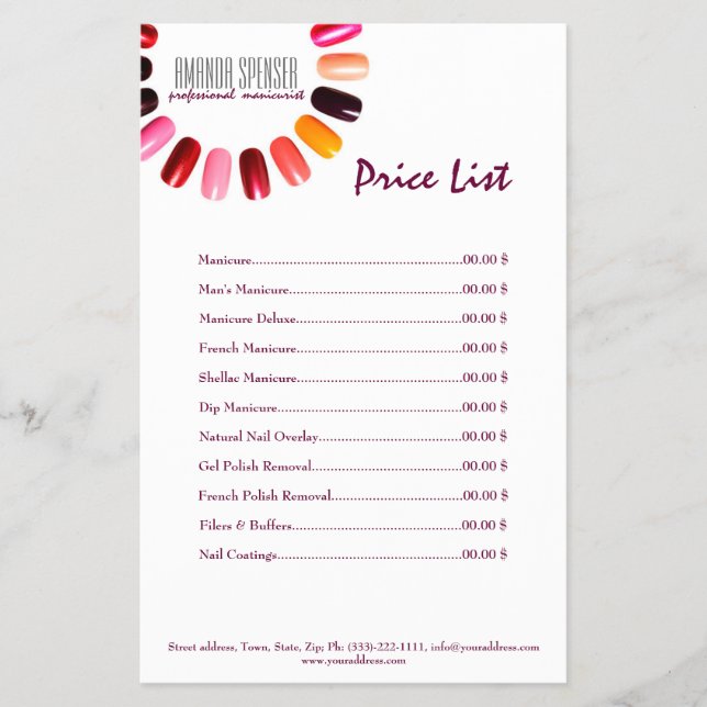 Prospectus 14 Cm X 21,6 Cm Manucure Clou Salon Prix Liste Simple Flyer Blanc (Devant)