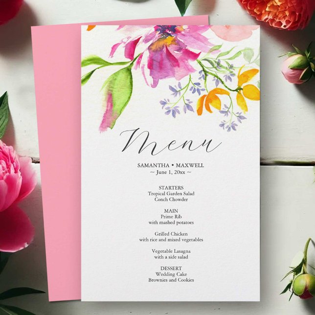 Prospectus 14 Cm X 21,6 Cm Mariage Budget Menus Aquarelle Rose Flores (Wedding menu watercolor pink and orange flowers by Victoria Grigaliunas of Do Tell A Belle)