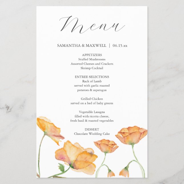 Prospectus 14 Cm X 21,6 Cm Mariage Menus Aquarelle Orange Fleurs (Devant)