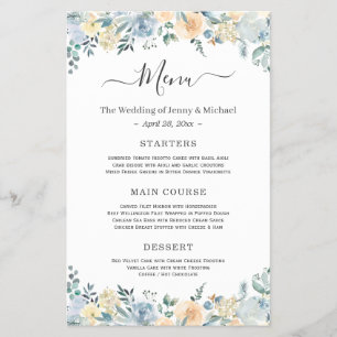 Prospectus 14 Cm X 21,6 Cm Menu de mariage floral bleu vanille bohème élégant