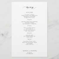 Menu de mariage simple blanc et bleu marine minuit