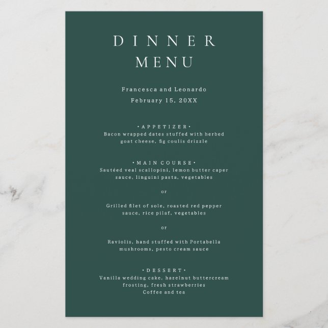 Prospectus 14 Cm X 21,6 Cm Menu de mariage simple vert émeraude classique (Devant)
