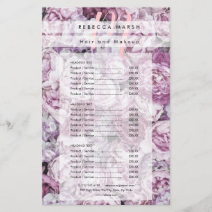 Prospectus 14 Cm X 21,6 Cm Menu de services du salon de monogramme Pink Peony