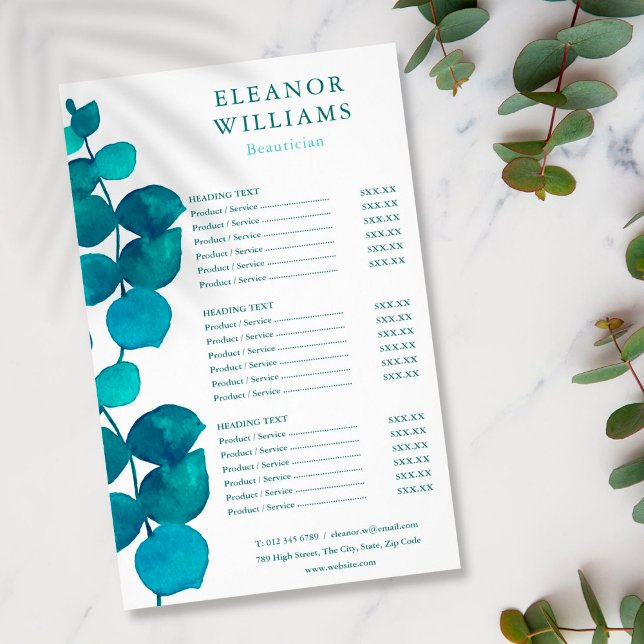Prospectus 14 Cm X 21,6 Cm Menu de services du salon Eucalyptus (Créateur téléchargé)