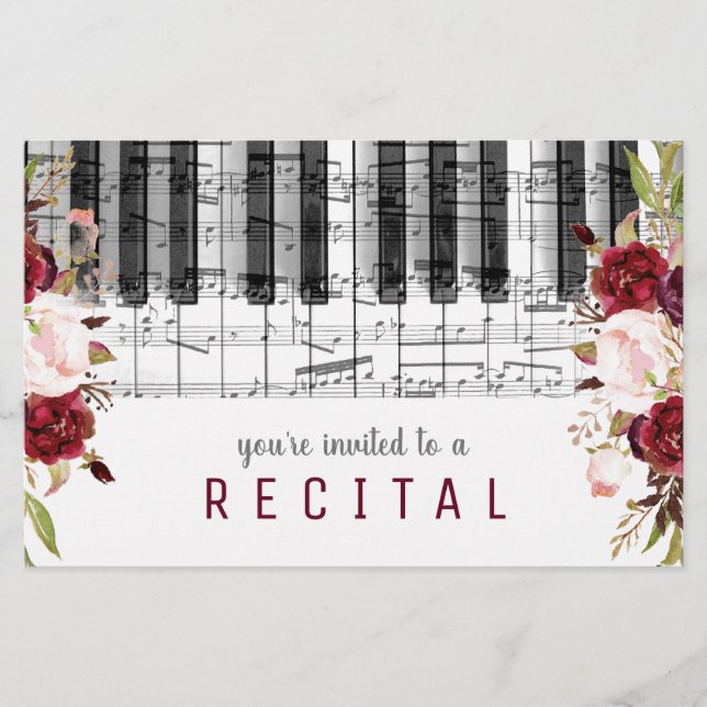 Prospectus 14 Cm X 21,6 Cm musique piano marsala aquarelle fleurs design (Devant)