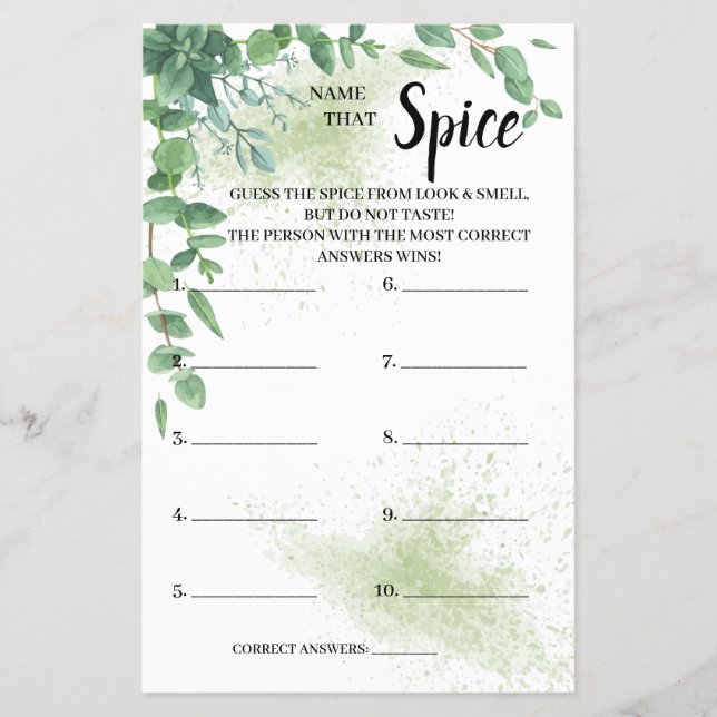 Prospectus 14 Cm X 21,6 Cm Name that Spice Eucalyptus Bridal Shower Game Card (Devant)