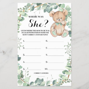 Prospectus 14 Cm X 21,6 Cm Où était elle Bear Greenery Baby shower Game Card