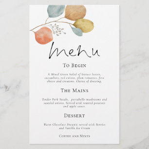 Prospectus 14 Cm X 21,6 Cm PAPIER Menu Mariage Feuille Watercolor moderne