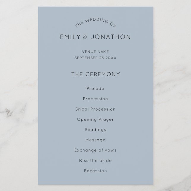 Prospectus 14 Cm X 21,6 Cm PAPIER | Texte simple Dusty Blue Wedding Programme (Devant)