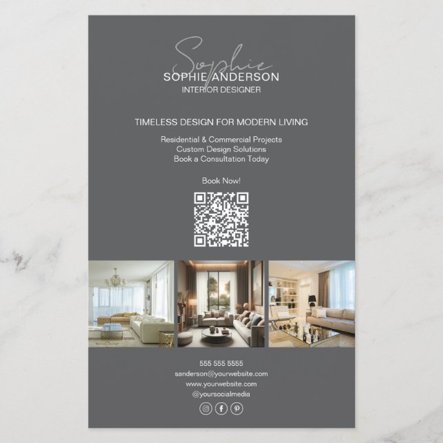 Prospectus 14 Cm X 21,6 Cm Photo de script moderne QR Grey Professionnel (Devant)