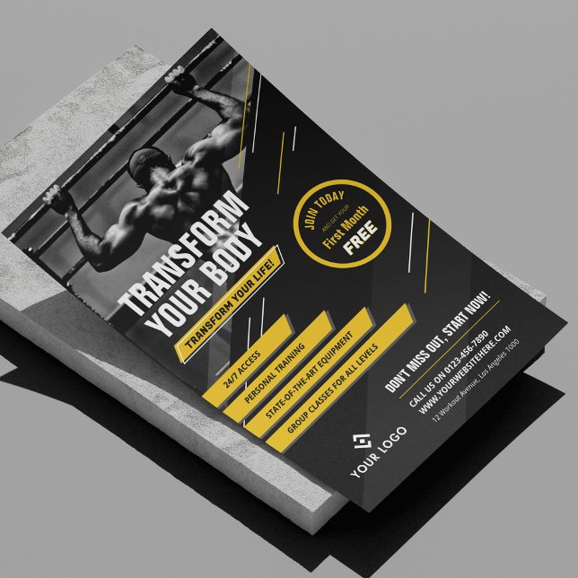 Prospectus 14 Cm X 21,6 Cm Photo Gym Logo noir et jaune - Exercice promotionn (Modern black and yellow fitness marketing flyer with photo and your custom text and logo)