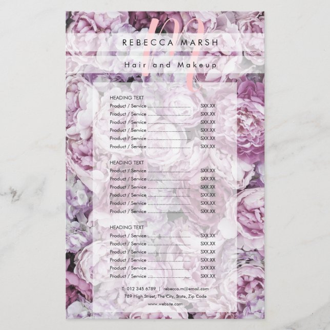 Prospectus 14 Cm X 21,6 Cm Pink Peony Monogram Salon Menu Service (Devant)