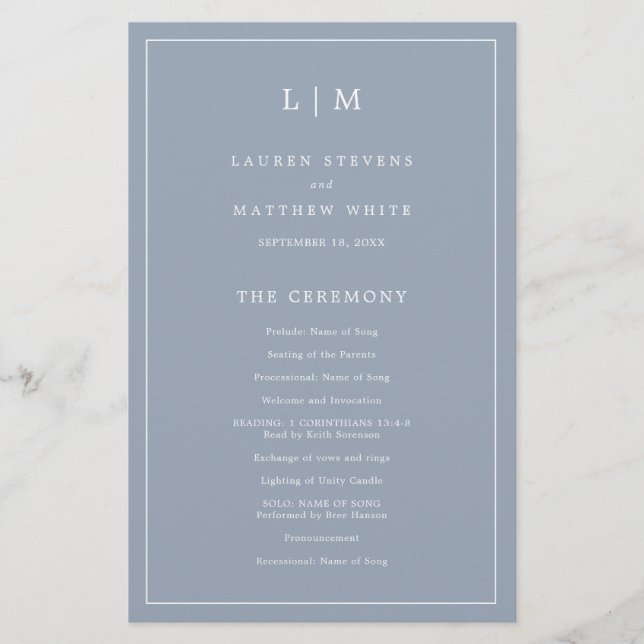 Prospectus 14 Cm X 21,6 Cm Programme de mariage élégant avec monogramme bleu  (Devant)