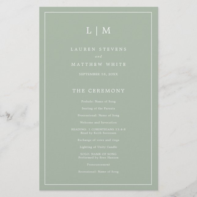 Prospectus 14 Cm X 21,6 Cm Programme de mariage élégant avec monogramme vert  (Devant)