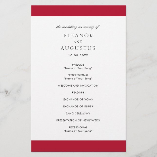 Prospectus 14 Cm X 21,6 Cm Programme de mariage élégant, classique, rouge et  (Devant)