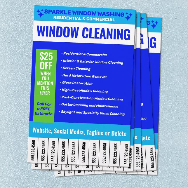 Prospectus 14 Cm X 21,6 Cm Promotion du nettoyage de fenêtres (window cleaning flyer with service list, coupon and tear off phone numbers)