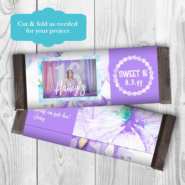 Prospectus 14 Cm X 21,6 Cm Purple Sweet 16 Candy Bar personnalisé Wrapper (purple sweet 16 personalized chocolate candy bar wrapper, birthday photo and name custom label)
