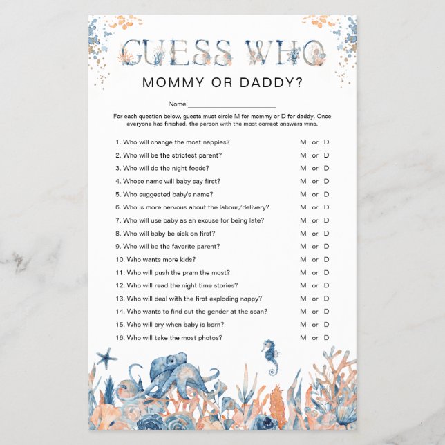 Prospectus 14 Cm X 21,6 Cm Sous la mer Jeu de Baby shower "Guess Who" (Devant)