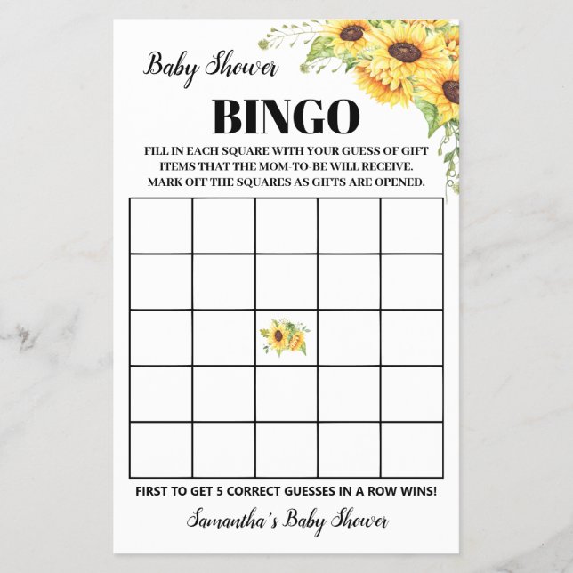 Prospectus 14 Cm X 21,6 Cm Sunflower Baby shower Bingo Carte de jeu (Devant)