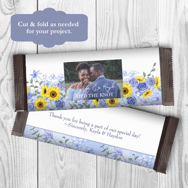 Prospectus 14 Cm X 21,6 Cm Tournesol, Mariage bleu Dusty (yellow sunflower dusty blue wedding candy bar wrappers, diy personalized chocolate bar labels)
