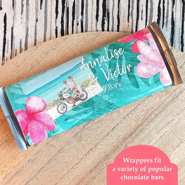 Prospectus 14 Cm X 21,6 Cm Tropical Turquoise, Mariage rose barrette à sucrer (tropical wedding party favor candy bar wrapper, pink plumeria flowers turquoise leaves, budget label)