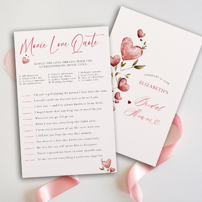 Prospectus 14 Cm X 21,6 Cm Valentine Bridal Shower Game Match Movie Quotes  (valentine bridal shower game movie love quote brunch bubbly watercolor hearts showered with love)