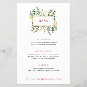 Prospectus 14 Cm X 21,6 Cm Vert doré sur blanc   Menu Mariage de Noël