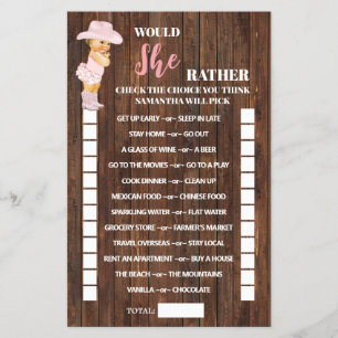 Prospectus 14 Cm X 21,6 Cm Voudrait-Elle Plutôt Cowgirl Baby shower Game Card
