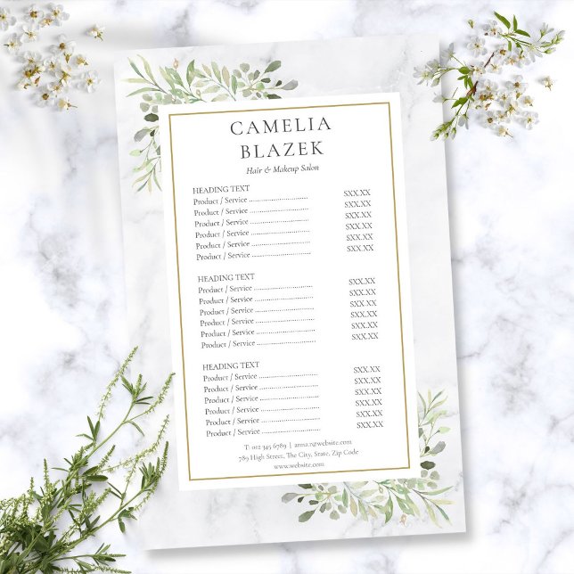 Prospectus 14 Cm X 21,6 Cm White Marble Greenery Salon Service Menu (White Marble Greenery Salon Service Menu Flyer)
