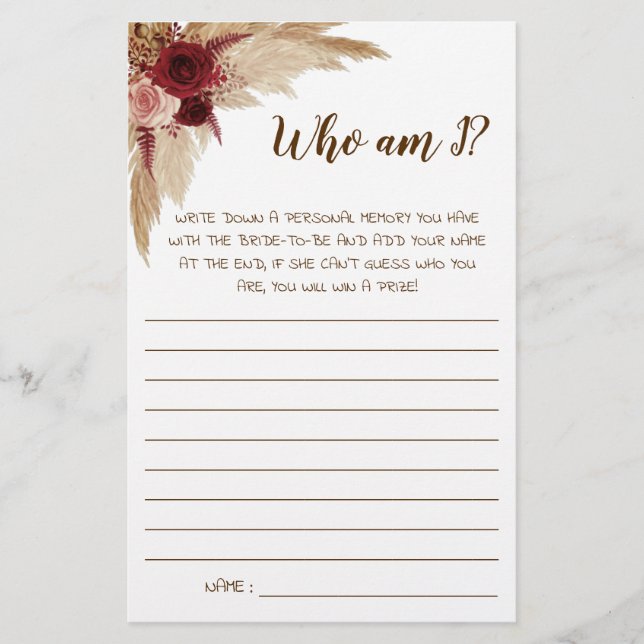Prospectus 14 Cm X 21,6 Cm Who am I? Pampas Bridal Shower Game Card (Devant)