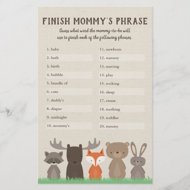 Prospectus 14 Cm X 21,6 Cm Woodland Baby shower Finish Mommy's Phrase Game (Devant)