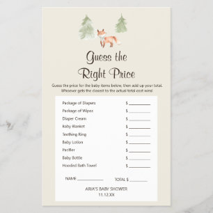 Prospectus 14 Cm X 21,6 Cm Woodland Fox Baby Shower GuessThe Right Price Game