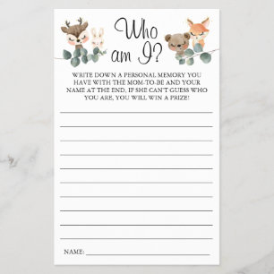 Prospectus 14 Cm X 21,6 Cm Woodland Who am I Baby shower game card