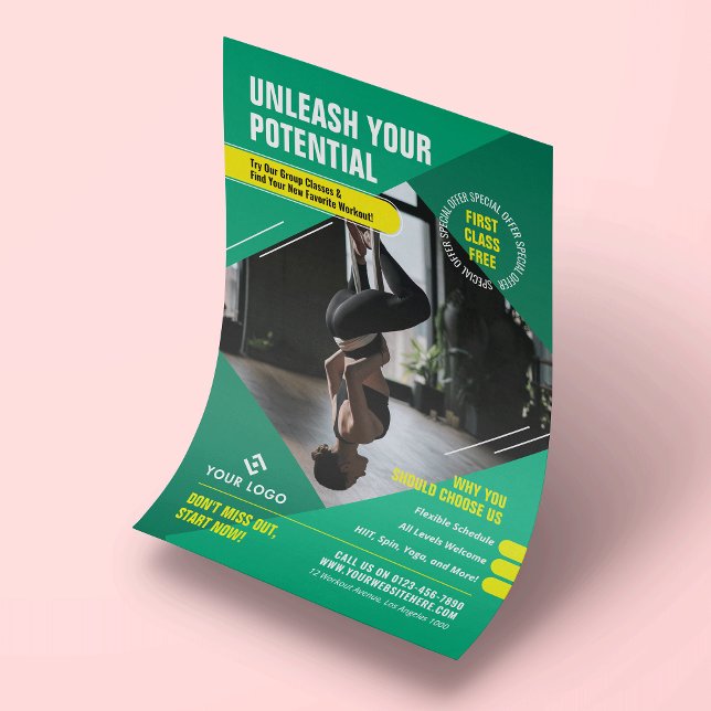 Prospectus 14 Cm X 21,6 Cm Yoga Fitness Classes Branché Marketing Photo Gym (Trendy teal and yellow fitness workout flyer design with custom text, logo and photo)