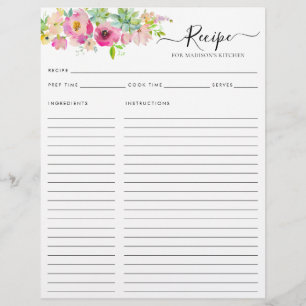 Prospectus 21,6 Cm X 24,94 Cm Aquarelle rose floral Cactus Recette de cuisine