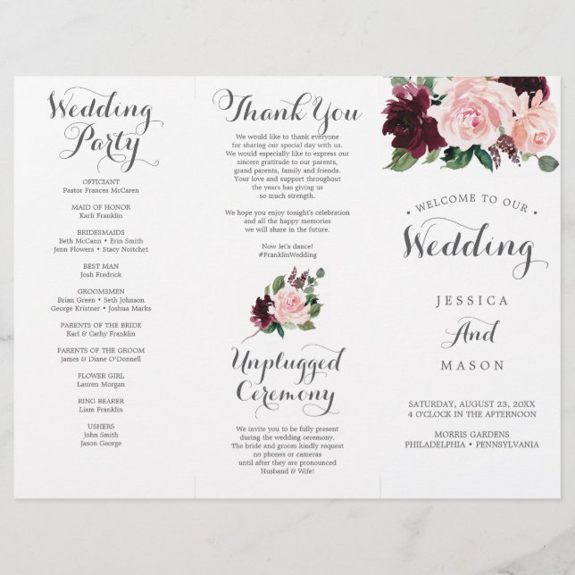 Prospectus 21,6 Cm X 24,94 Cm Blush Bourgogne Tri-Fold Wedding Program (Devant)