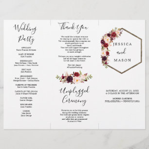 Prospectus 21,6 Cm X 24,94 Cm Boho Burgundy Tri-Fold Wedding Programme