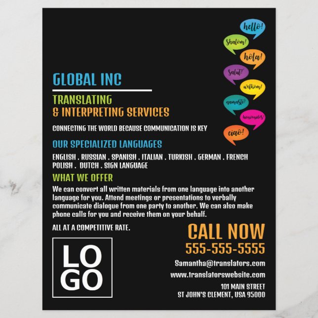 Prospectus 21,6 Cm X 24,94 Cm Bonjour Design, Traducteur et Interprète (Devant)