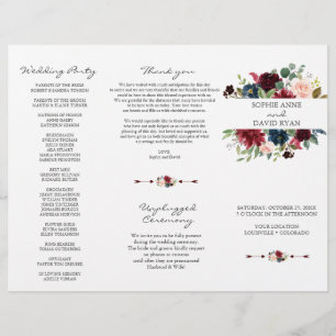 Prospectus 21,6 Cm X 24,94 Cm Burgundy Navy Blue Floral Tri+Fold Wedding Program