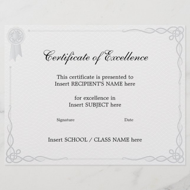 PROSPECTUS 21,6 CM X 24,94 CM CERTIFICAT D'EXCELLENCE (Devant)