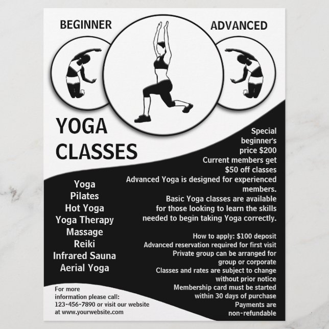 Prospectus 21,6 Cm X 24,94 Cm Classe de yoga noir blanc personnalisable (Devant)