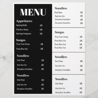 Prospectus 21,6 Cm X 24,94 Cm Conception de menu noir et blanc, design de menu s