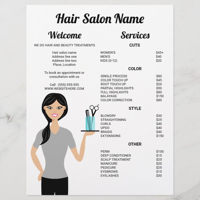 Prospectus 21,6 Cm X 24,94 Cm Cute Coiffeuse Femme Dessin Salon des cheveux Menu (Devant)