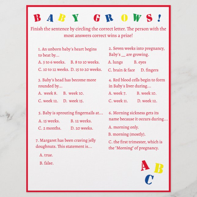 Prospectus 21,6 Cm X 24,94 Cm Dépliant de jeu "Bébé grandit !" ABC (Devant)