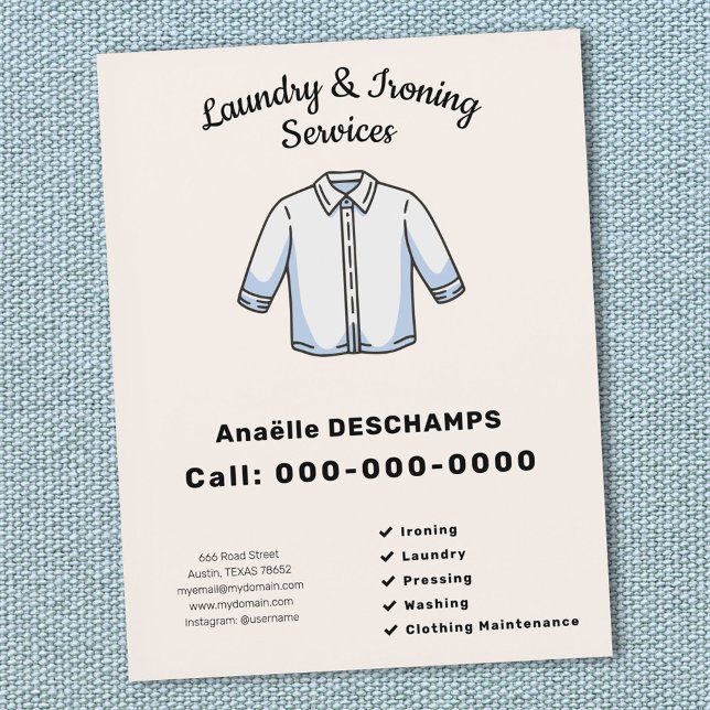 Prospectus 21,6 Cm X 24,94 Cm Dépliant Services de Repassage & Blanchisserie (Ironing & Laundry Services Flyer)