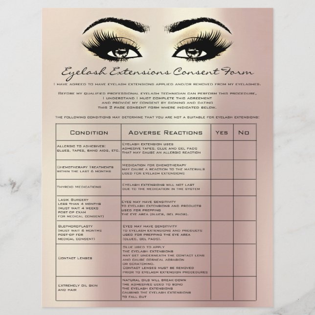 Prospectus 21,6 Cm X 24,94 Cm Eyelash Extension Responsabilité Renonciation Rose (Devant)