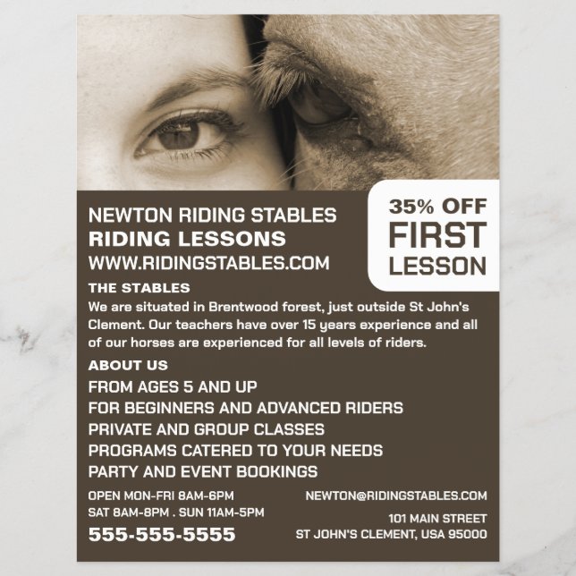 Prospectus 21,6 Cm X 24,94 Cm Femme et cheval, Instructeur d'équitation, Académi (Devant)